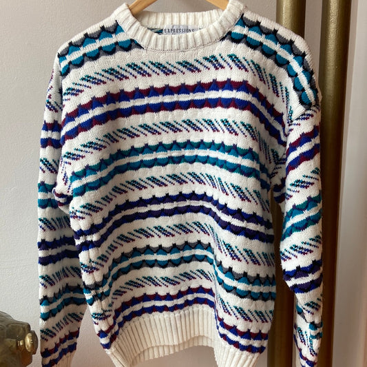 White & Teal Patterned Sweater