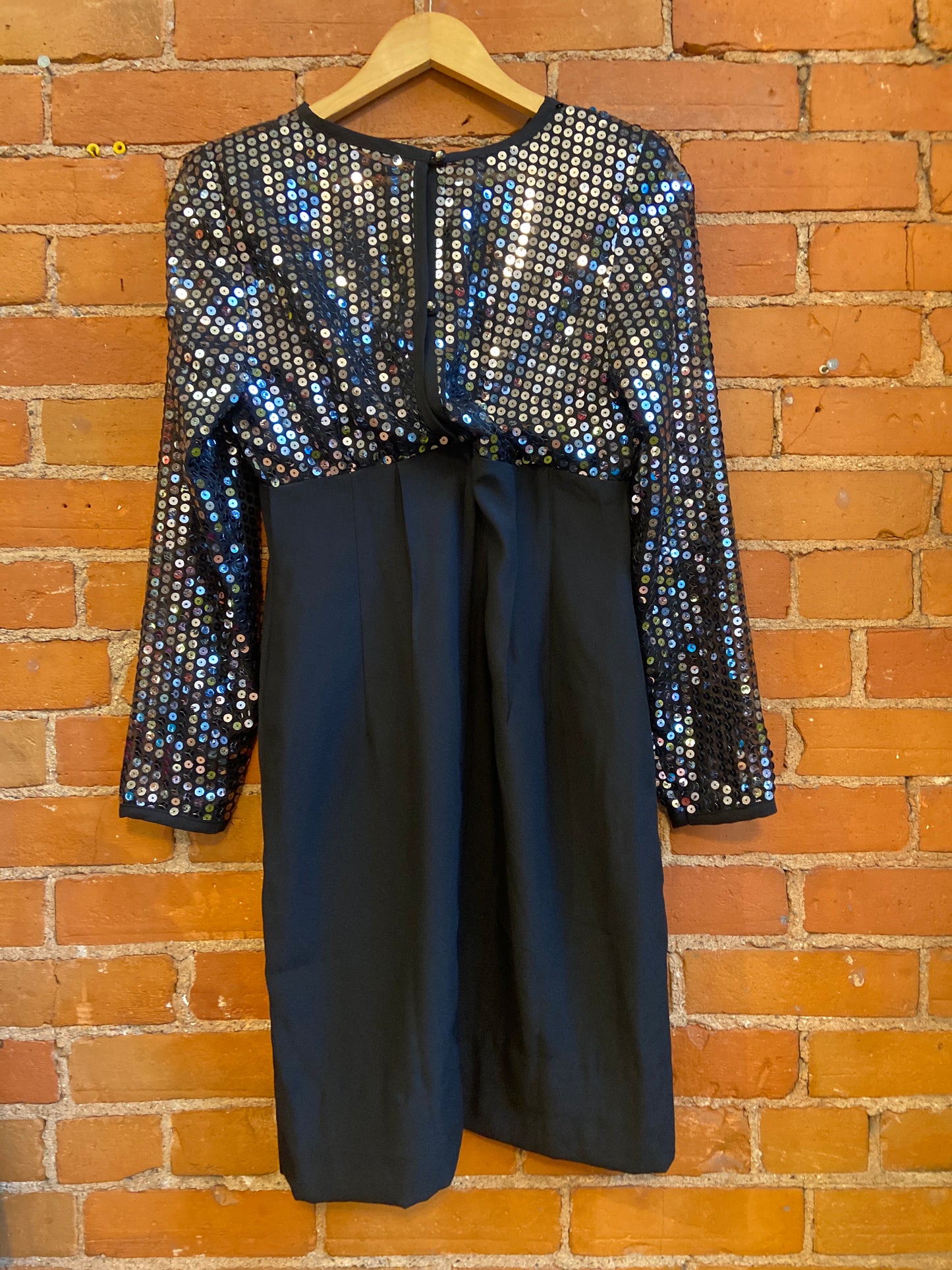 1980s Algo-Ettes Little Black Dress With Sequined Mesh Bodice