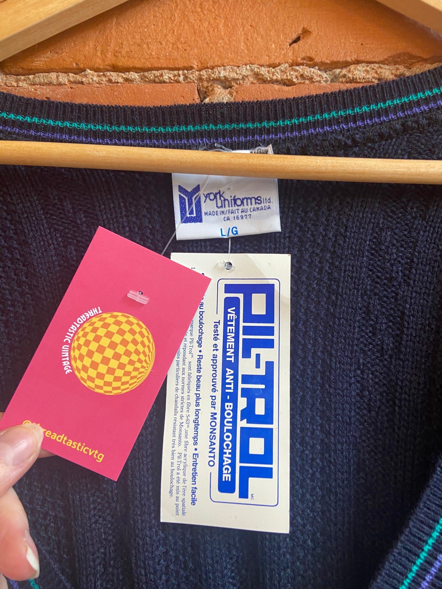 1970s NWT York Uniforms Navy Blue Cardigan With Green and Purple Striped Accents