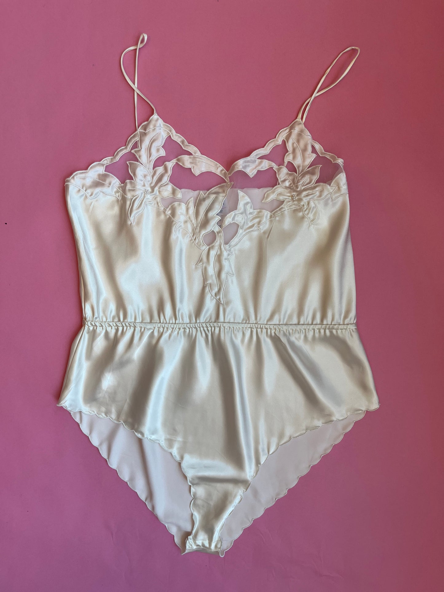 Cream Satin Teddy With Floral Detail