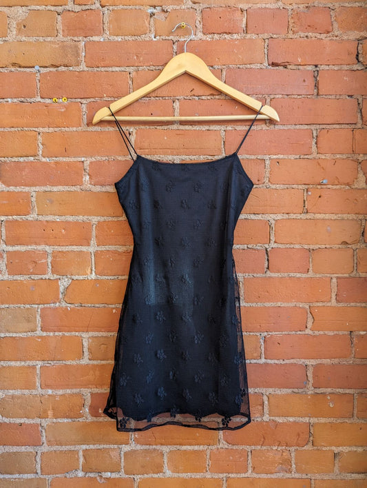1990s Norka Black Mini Dress With Mesh Floral Print Overlay