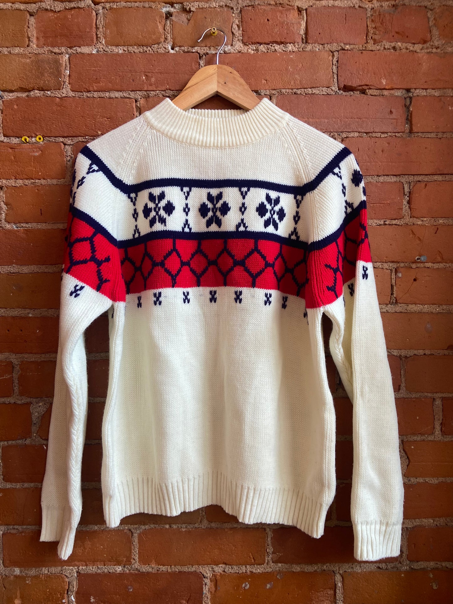 1970s Kmart Cream Sweater With Red and Blue Fairisle Pattern