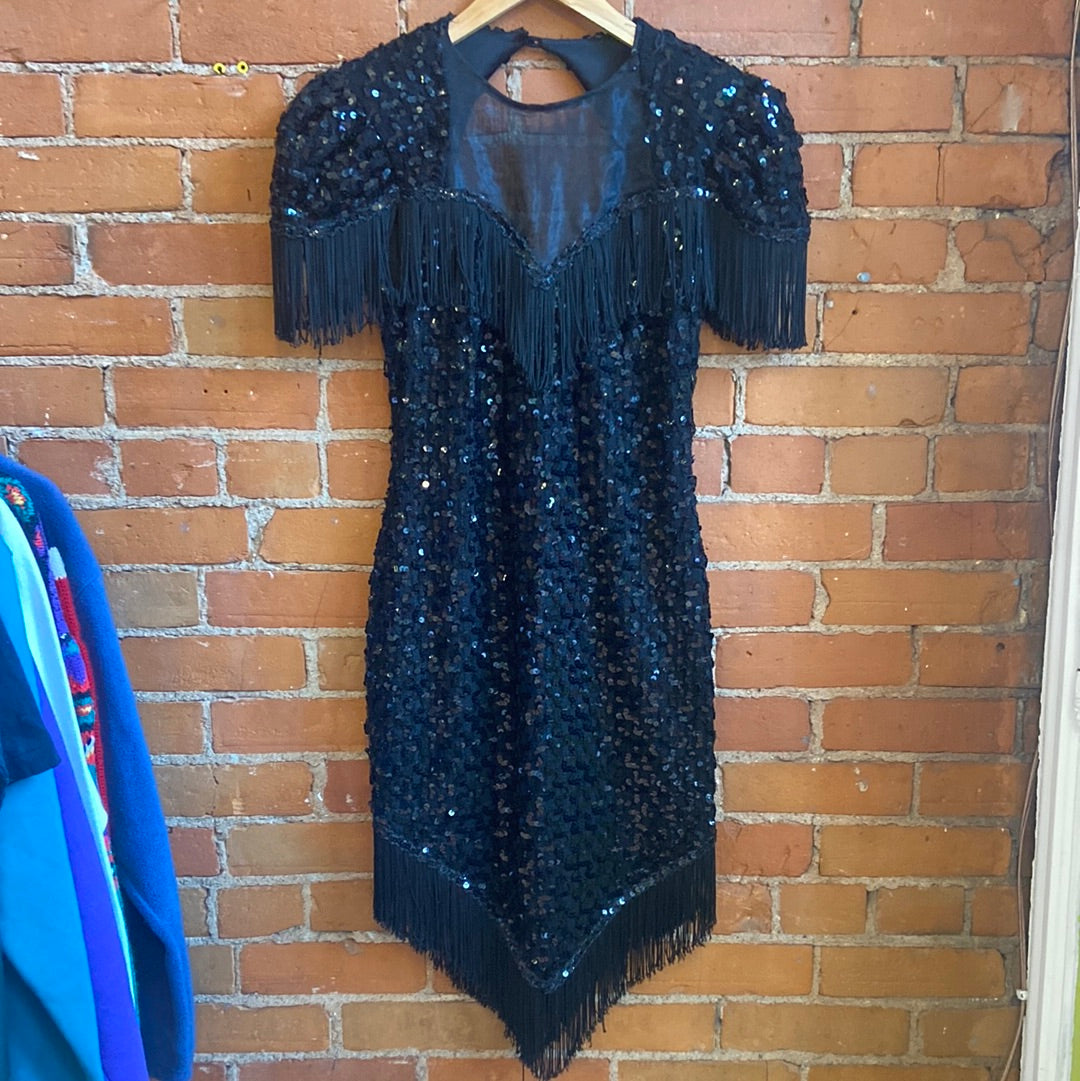 80’s Black Sequin & Tassel Party Dress