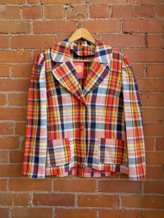 1970s Red, Yellow, Blue and White Plaid Blazer With Dog Eared Collar