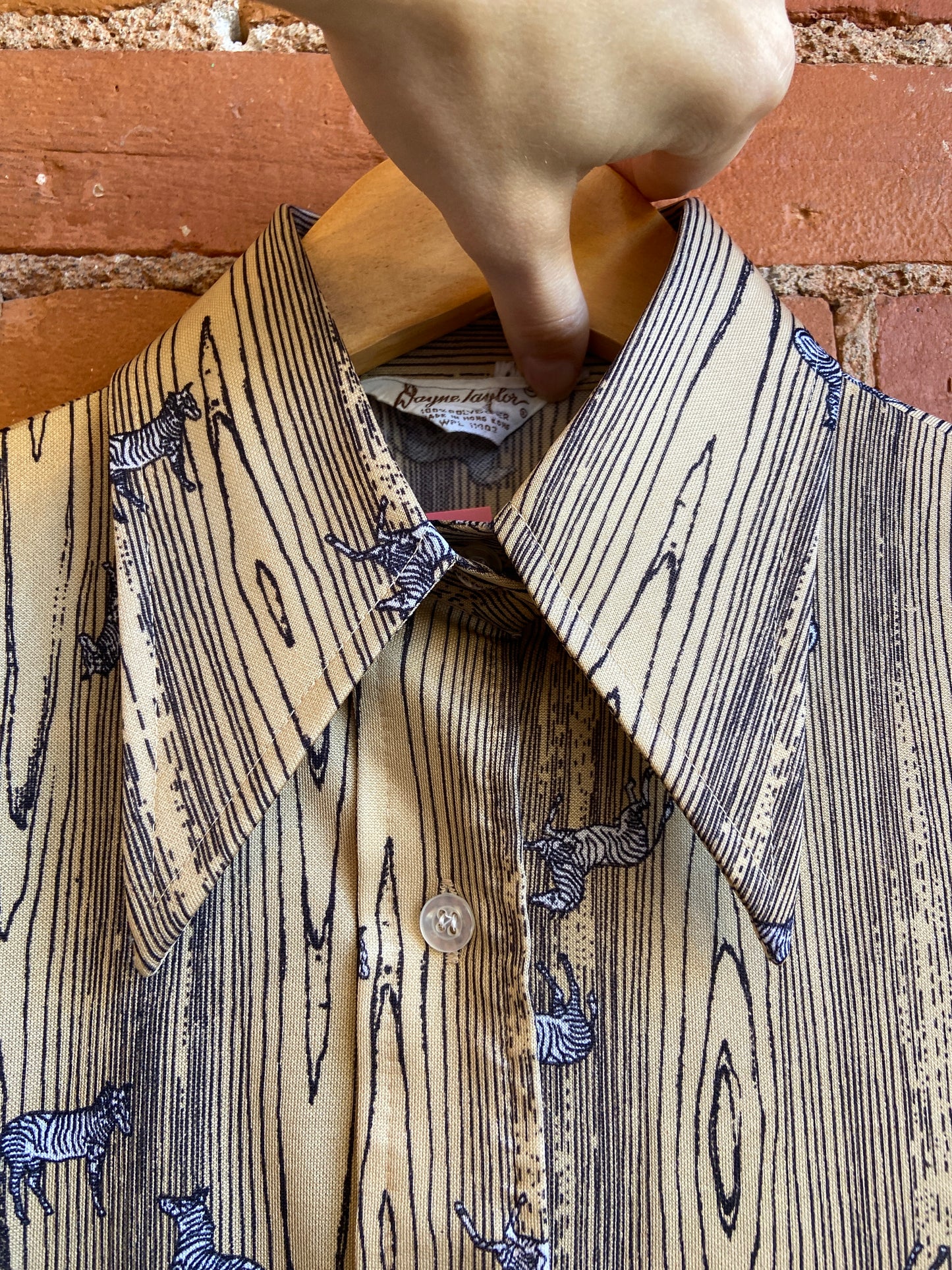 1970s Wayne Taylor Dagger Collar Shirt With Faux Woodgrain and Zebra Print