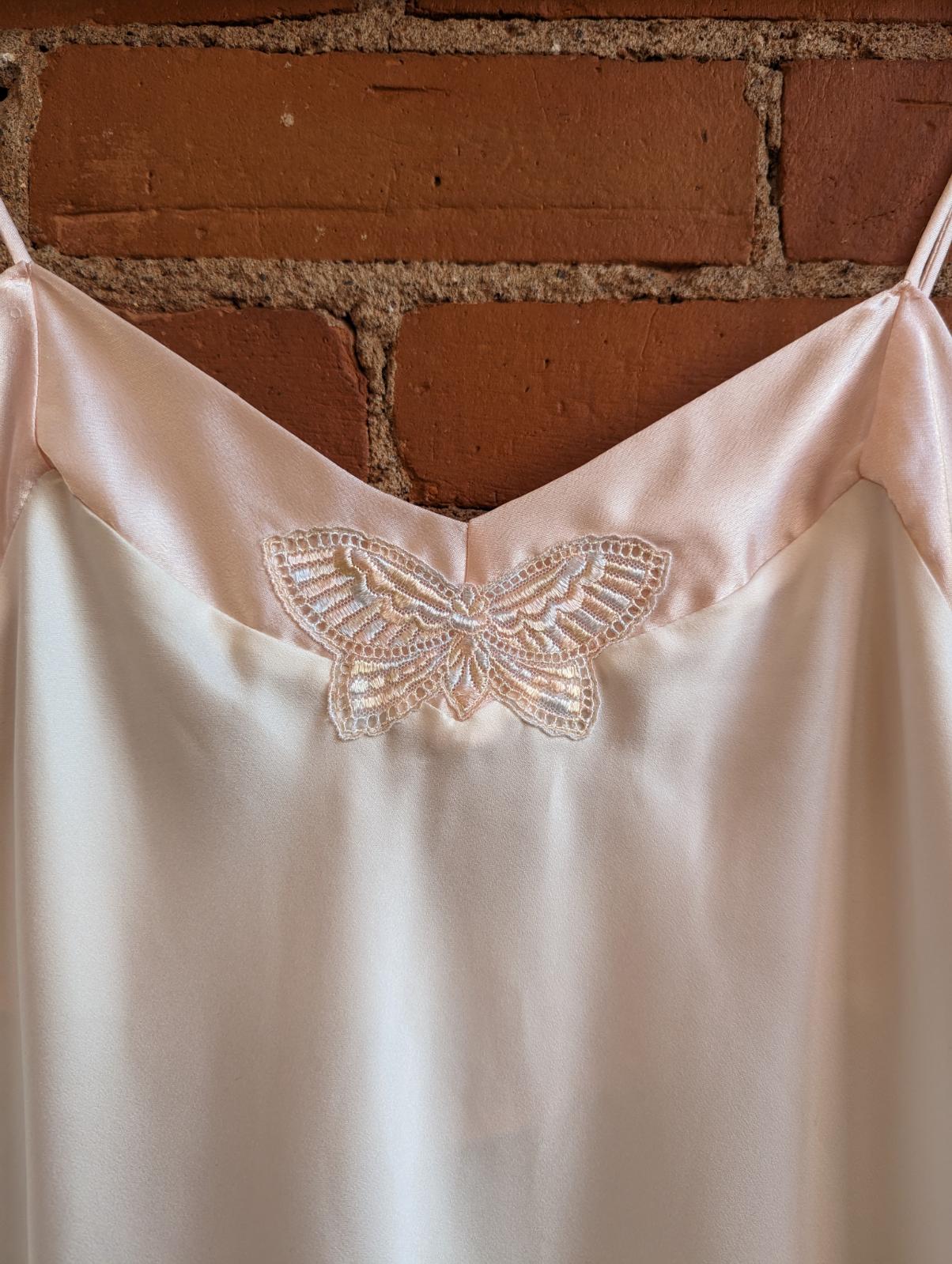 1990s Clasilk Cream and Baby Pink Butterfly Slip Dress and Robe Set