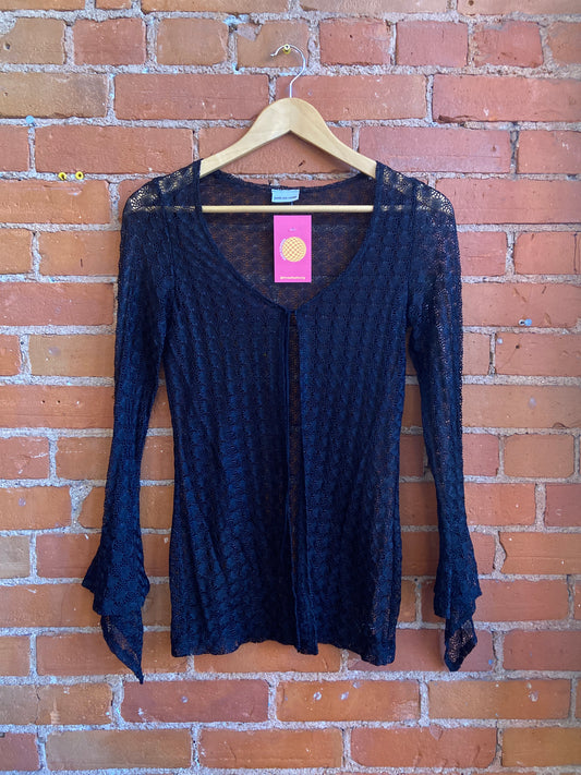 1990s Black Pelican Cove Cardigan With Tie Closure and Witchy Sleeves