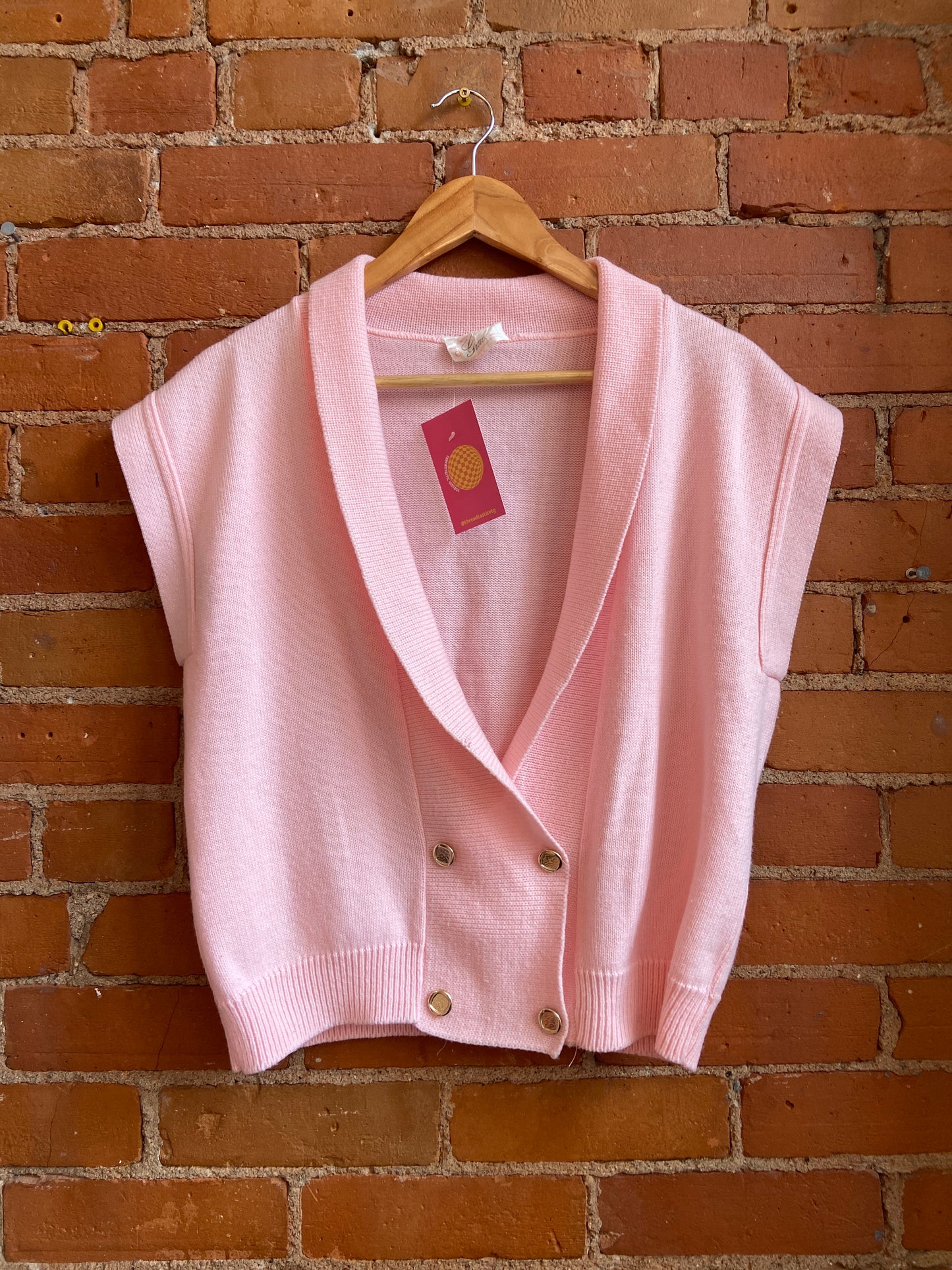 1980s Grace Knitting Baby Pink Shawl Collar Double Breasted Sweater Vest