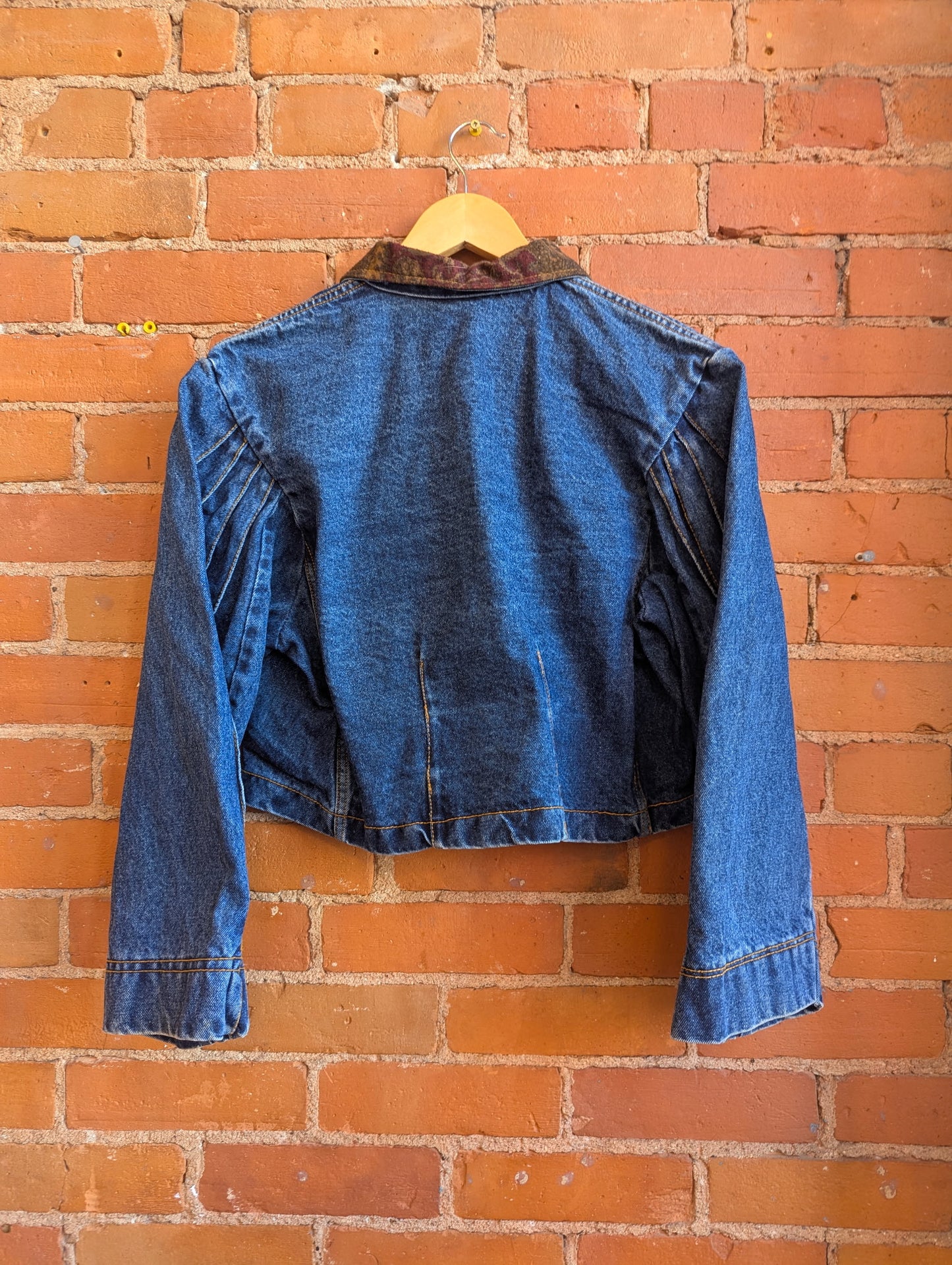 1980s Gitano Cropped Dark Wash Denim Jacket With Brown Paisley Accents