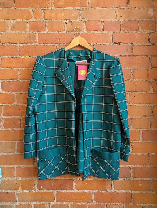 1980s Functionals Green and White Plaid Blazer