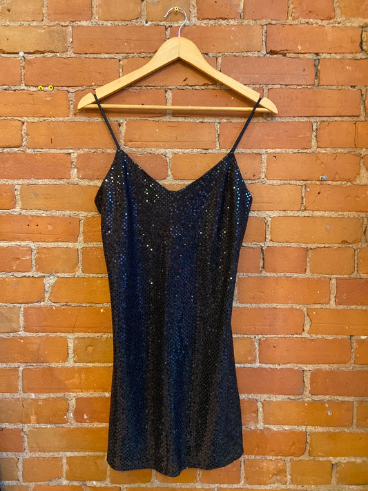 1990s All That Jazz Black Sequined Spaghetti Strap Mini Dress