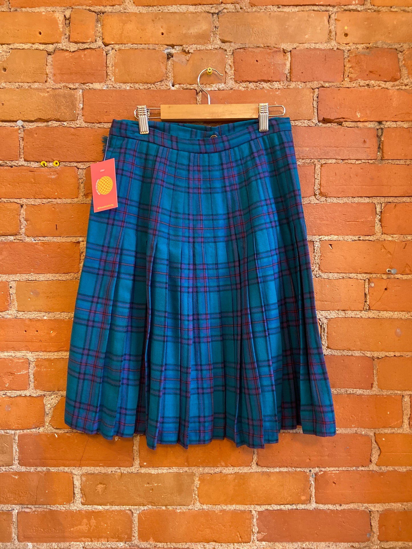 1960s Highland Queen Teal, Blue, Red and Black Pleated Plaid Skirt
