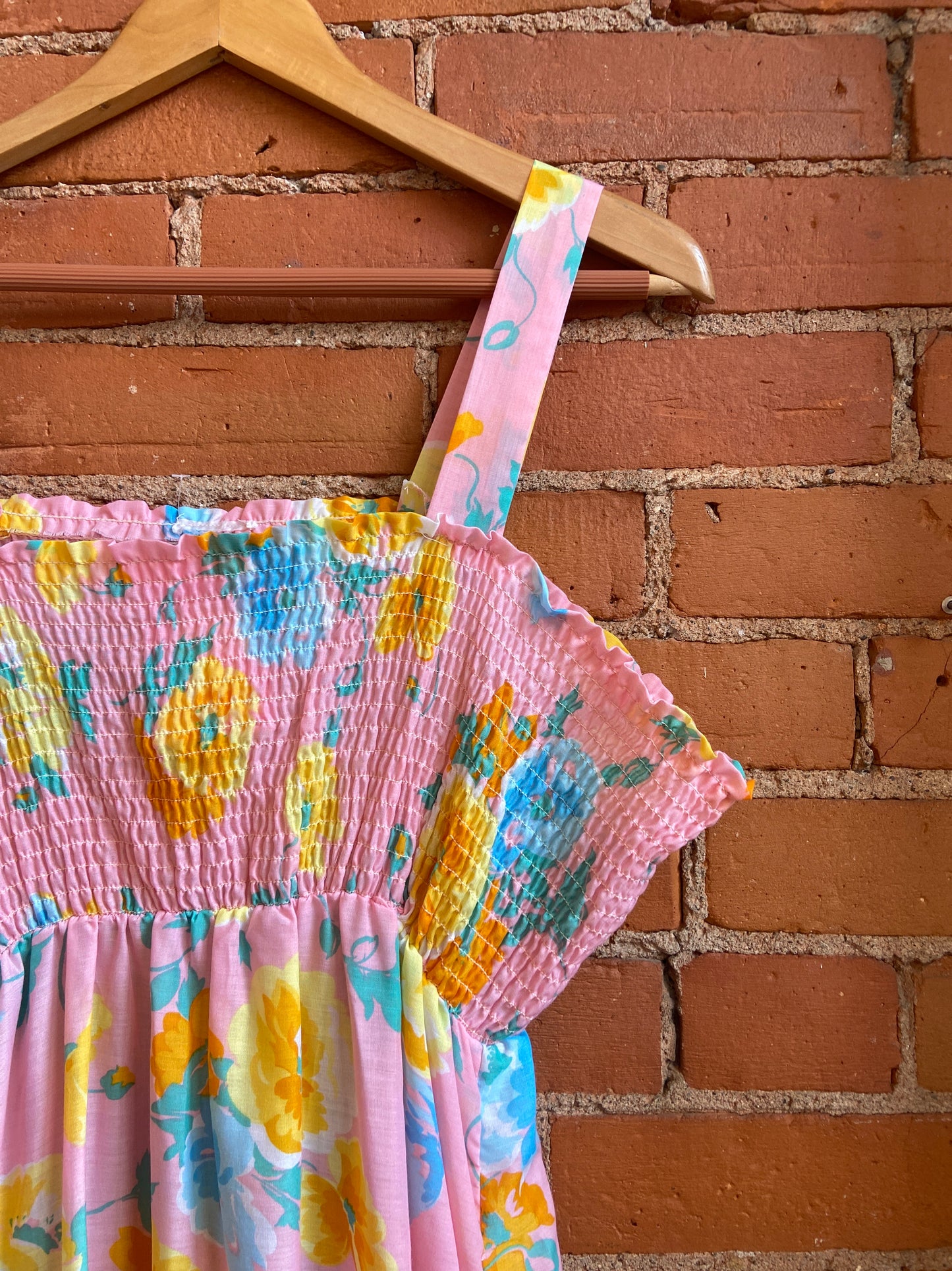 1970s Baby Pink Floral Print Midi Dress With Smocked Bodice and Ruffled Hem