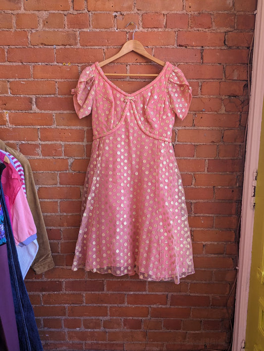 Lisa Gowns Toronto Pink Mini Dress With Gold Polka Dot Tulle Overlay