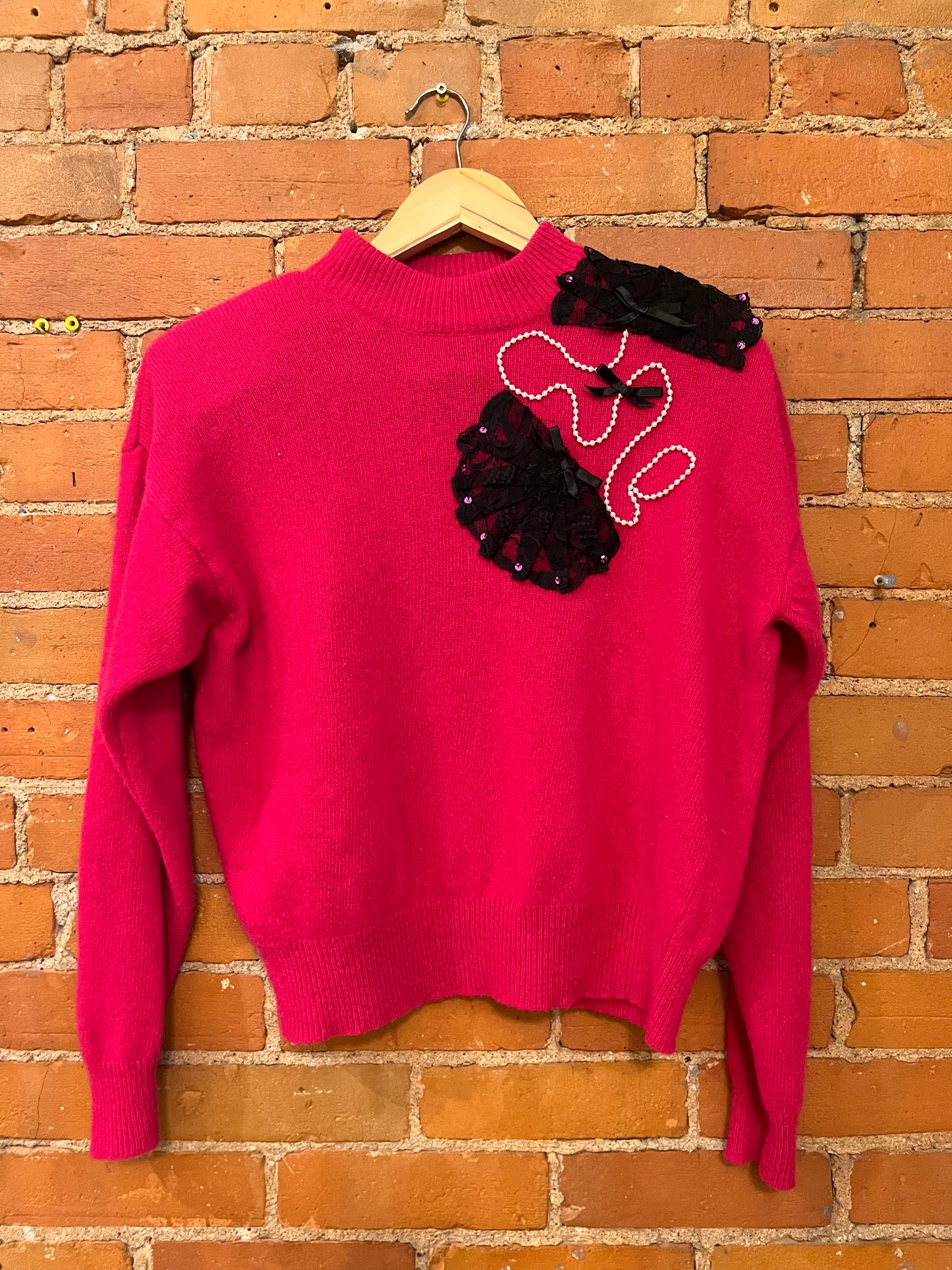 Hot Pink Lambswool Sweater With Black Lace & Pearls