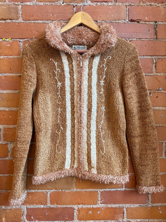 Y2K Brown Fuzzy Zip Sweater