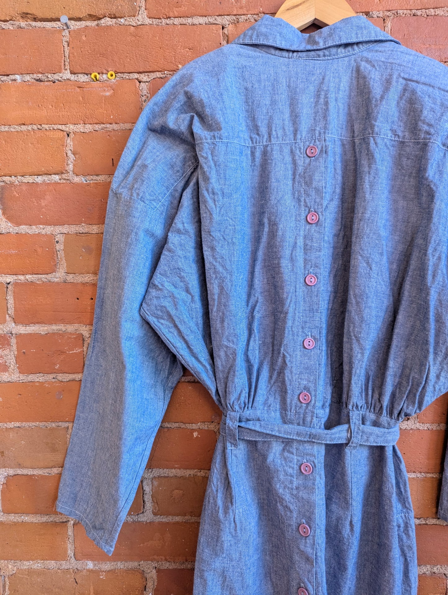 1980s Rampage Blue Chambray Midi Length Shirtdress With Button Back and Belt