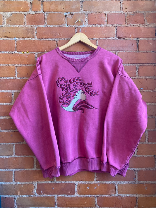 1990s Fuzzy Stonewash Pink Crewneck With Embroidered Face