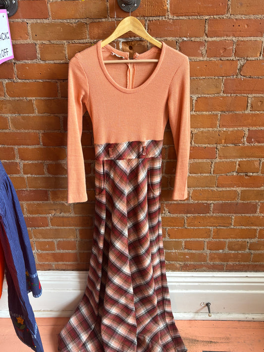 Algo Ribbed Top Long Maxi Plaid Dress