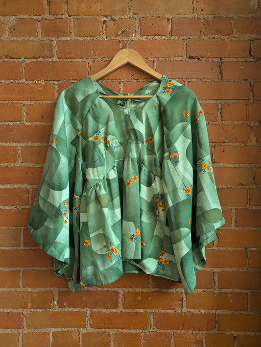 1970s Handmade Green Abstract Print Bell Sleeve Babydoll Top With Orange Flowers