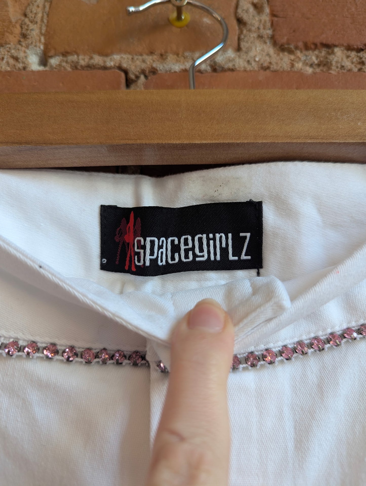 1990s/Y2K Spacegirlz White Flare Pants With Pink Rhinestone Trim
