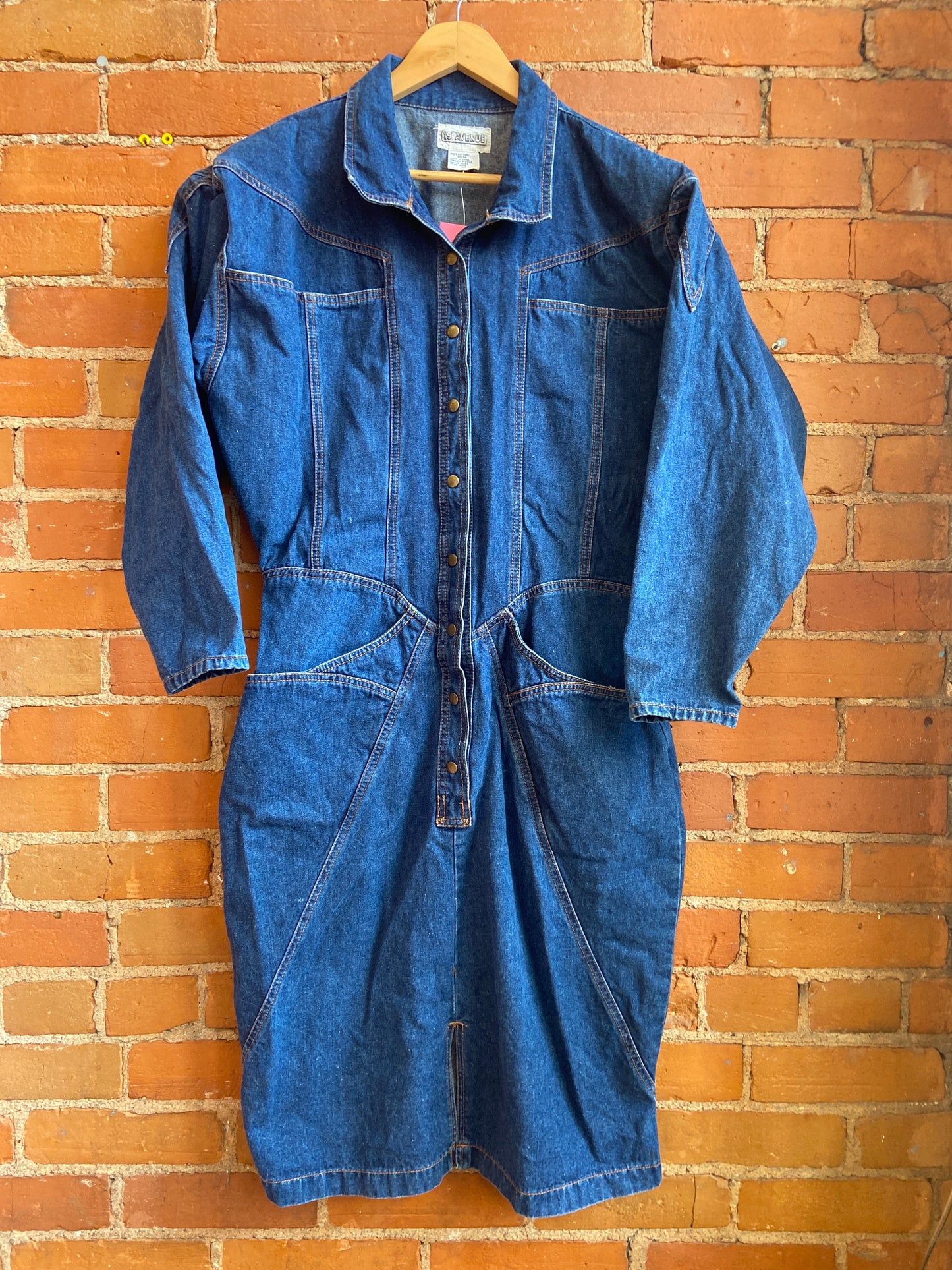 1980s 19th Avenue Dark Wash Snap Front Denim Midi Dress With Shoulder Pads