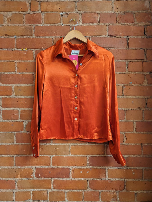 1990s Dynamite Orange Shimmery Dagger Collar Blouse