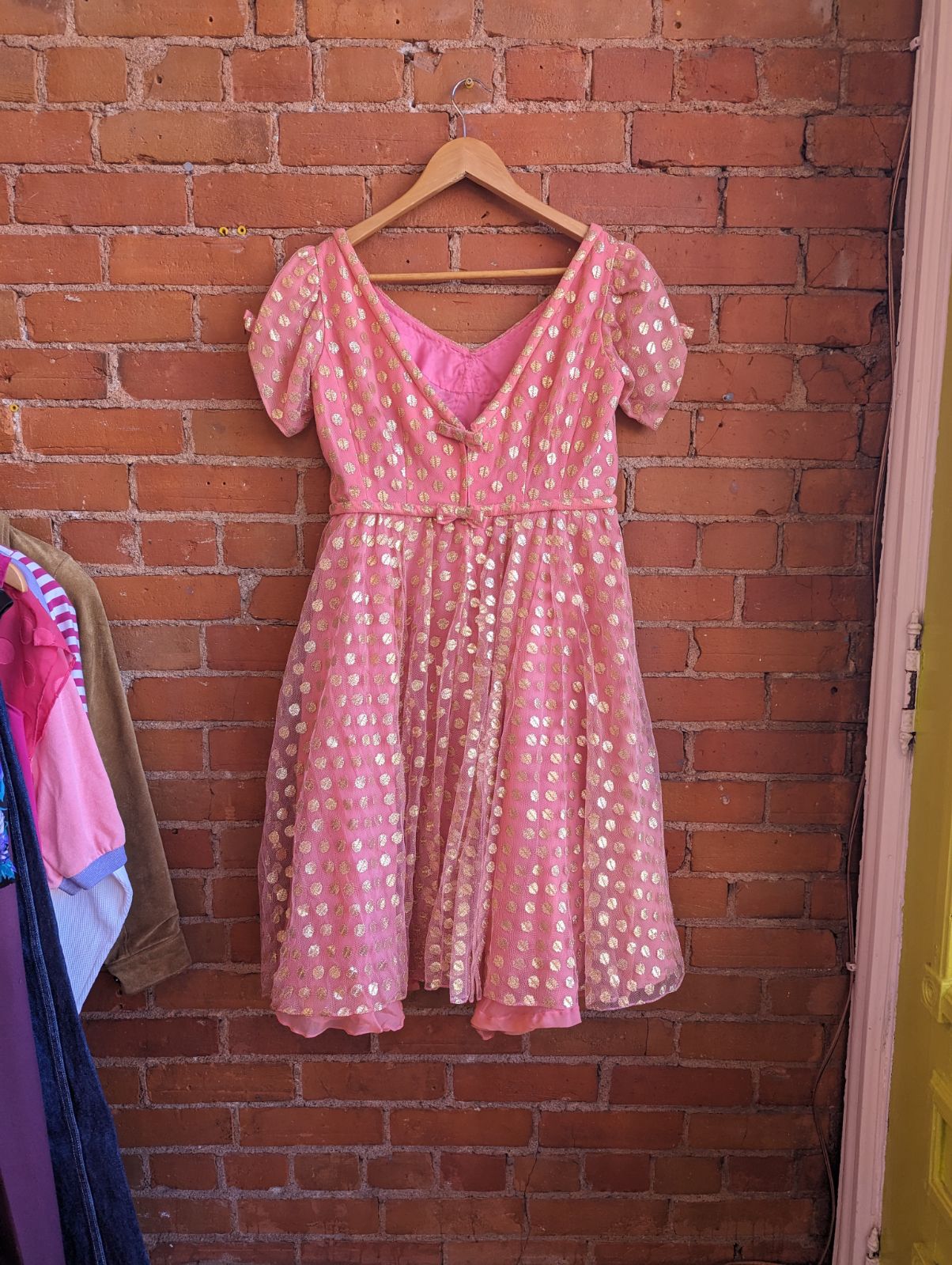 Lisa Gowns Toronto Pink Mini Dress With Gold Polka Dot Tulle Overlay