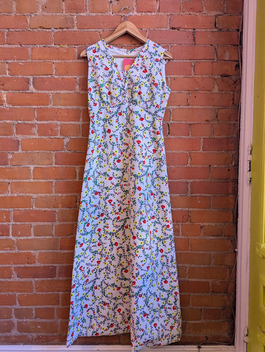 1960s Melody Dress Toronto White Maxi Dress With Primary Colour Floral Print