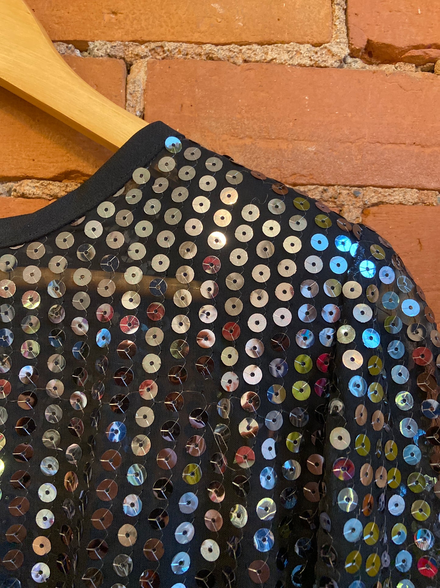 1980s Algo-Ettes Little Black Dress With Sequined Mesh Bodice