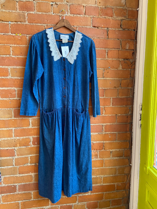 90s Denim Dress with Lace Collar