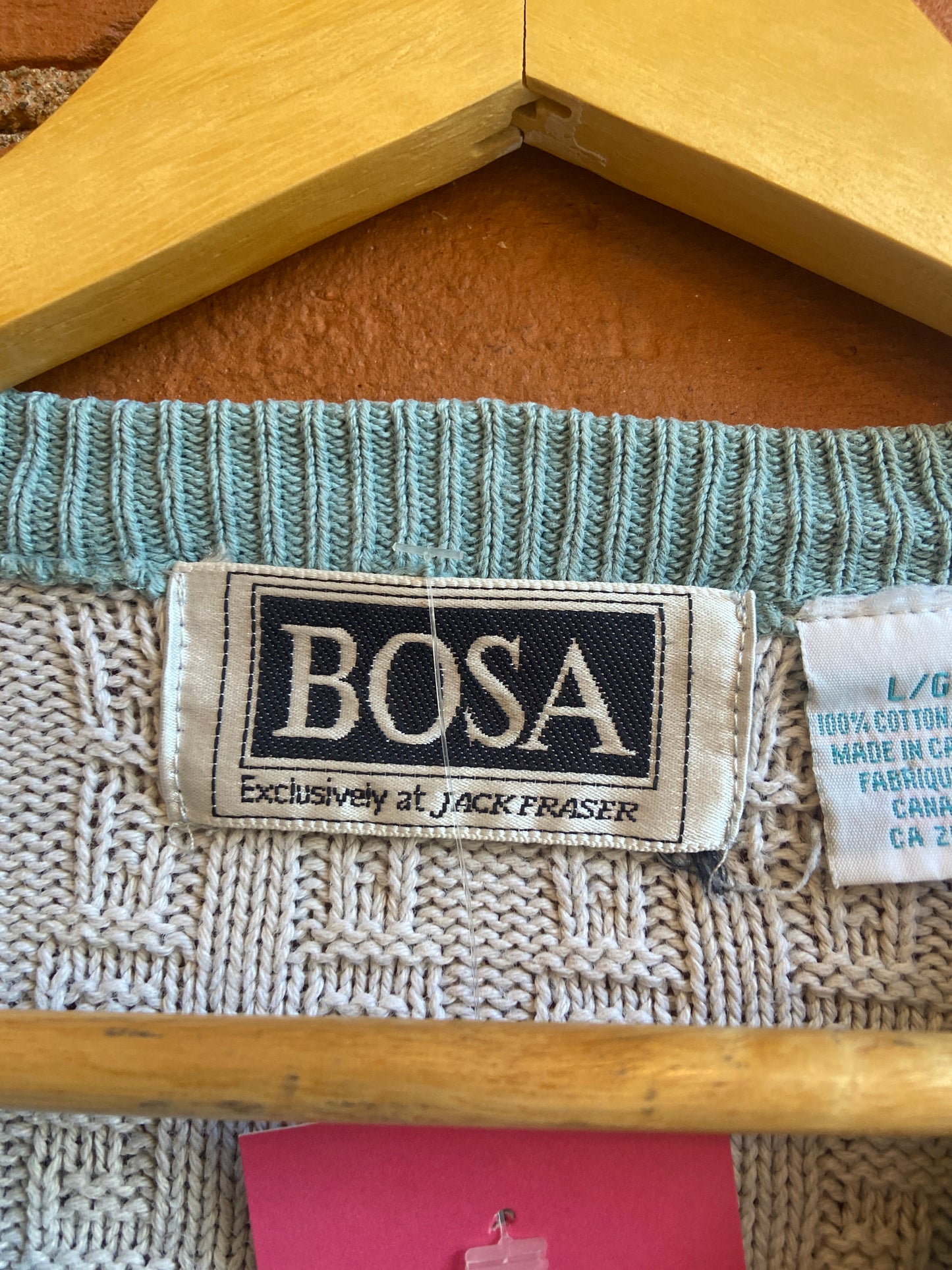 1980s Bosa Blue, Teal, Purple and White Geometric Patterned Cotton Sweater