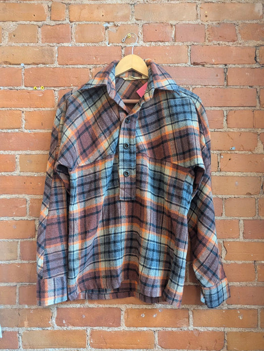 1970s Pierre Gerard by Mr Jeff Orange, Brown and Grey Wool Plaid Shirt