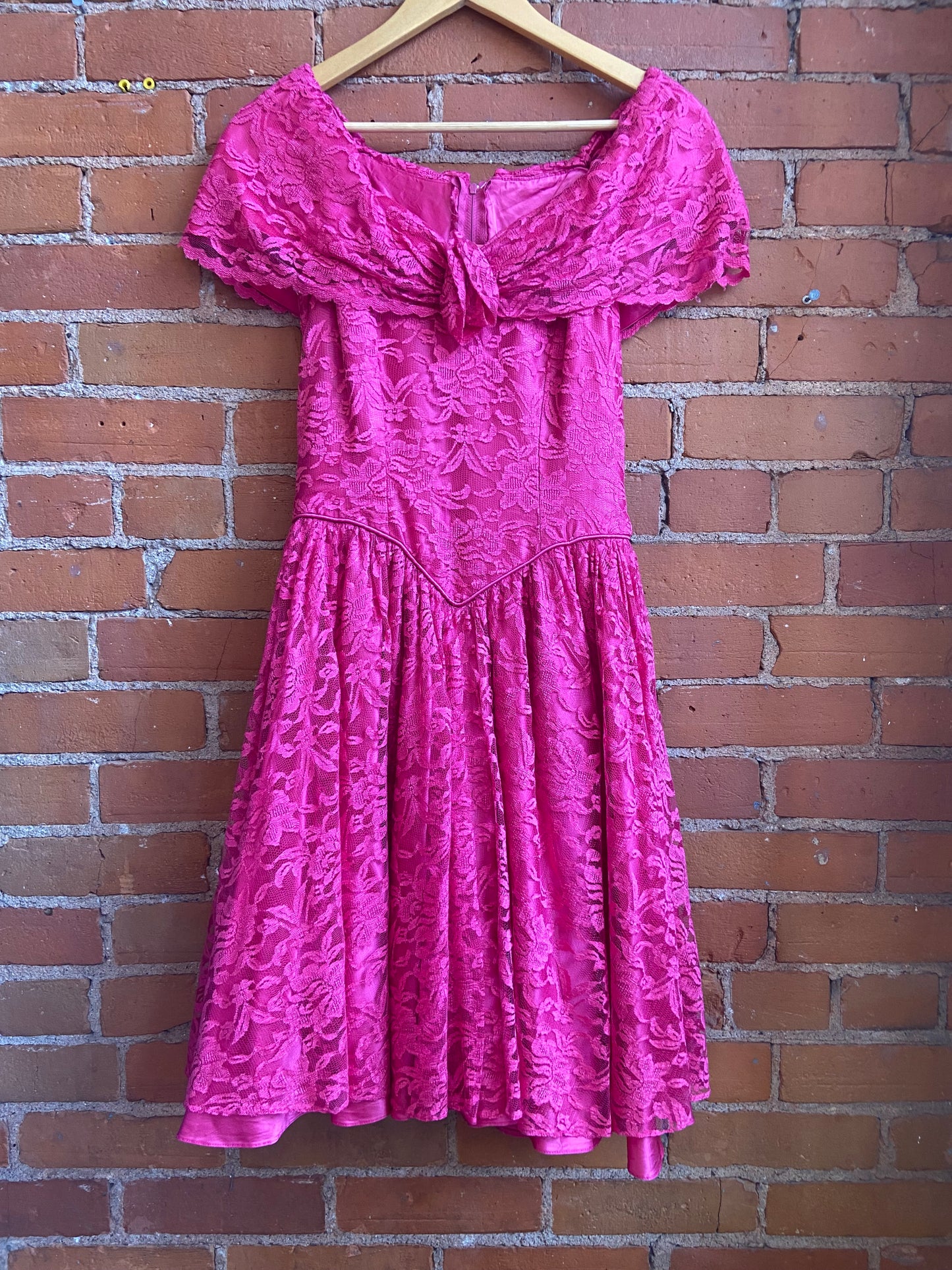 1980s Pink Floral Lace Off-The-Shoulder Dress With Full Skirt and Tulle Crinoline