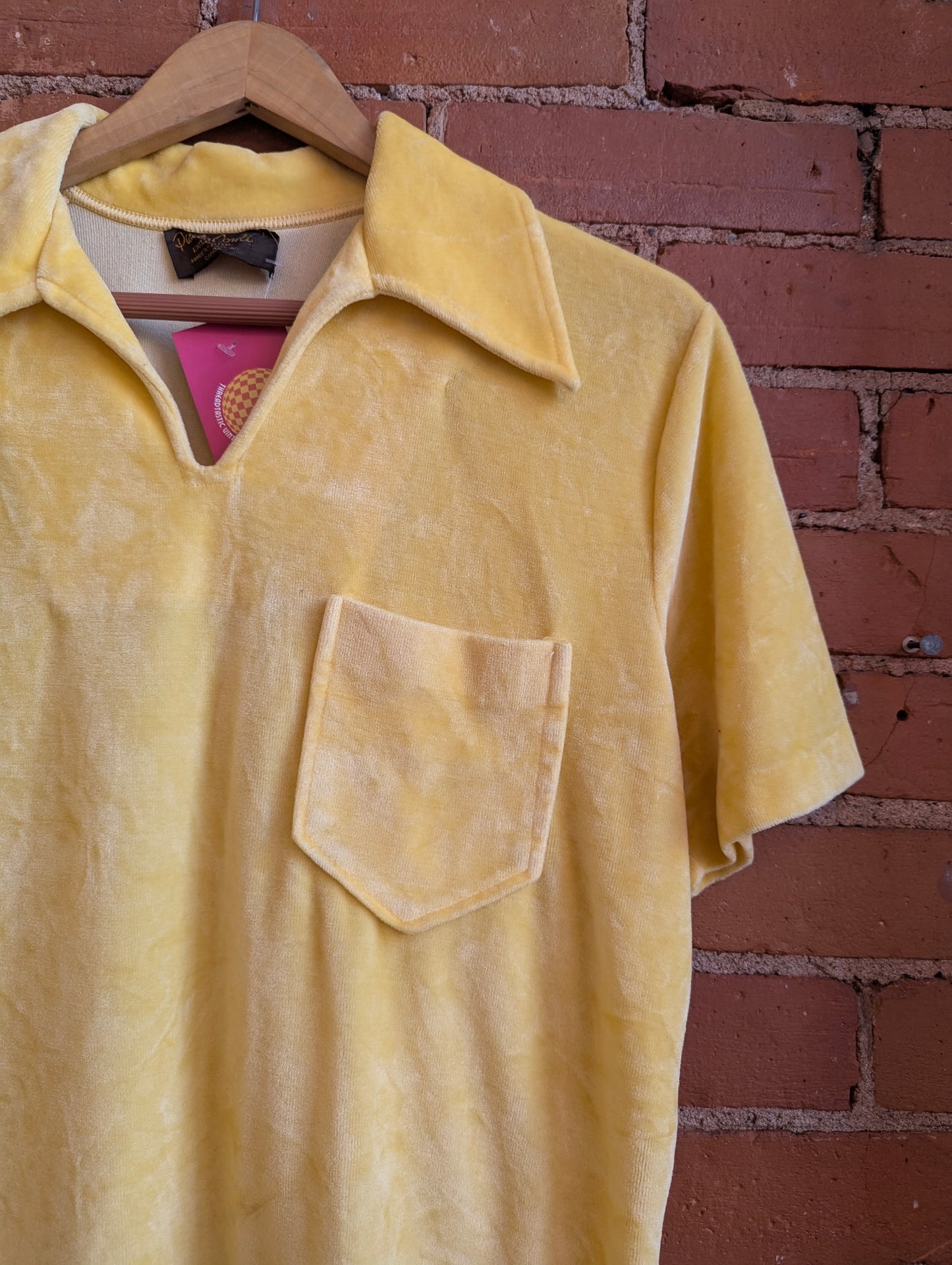 1970s Paulo Conti Golden Yellow Velour Short Sleeve Collared Top