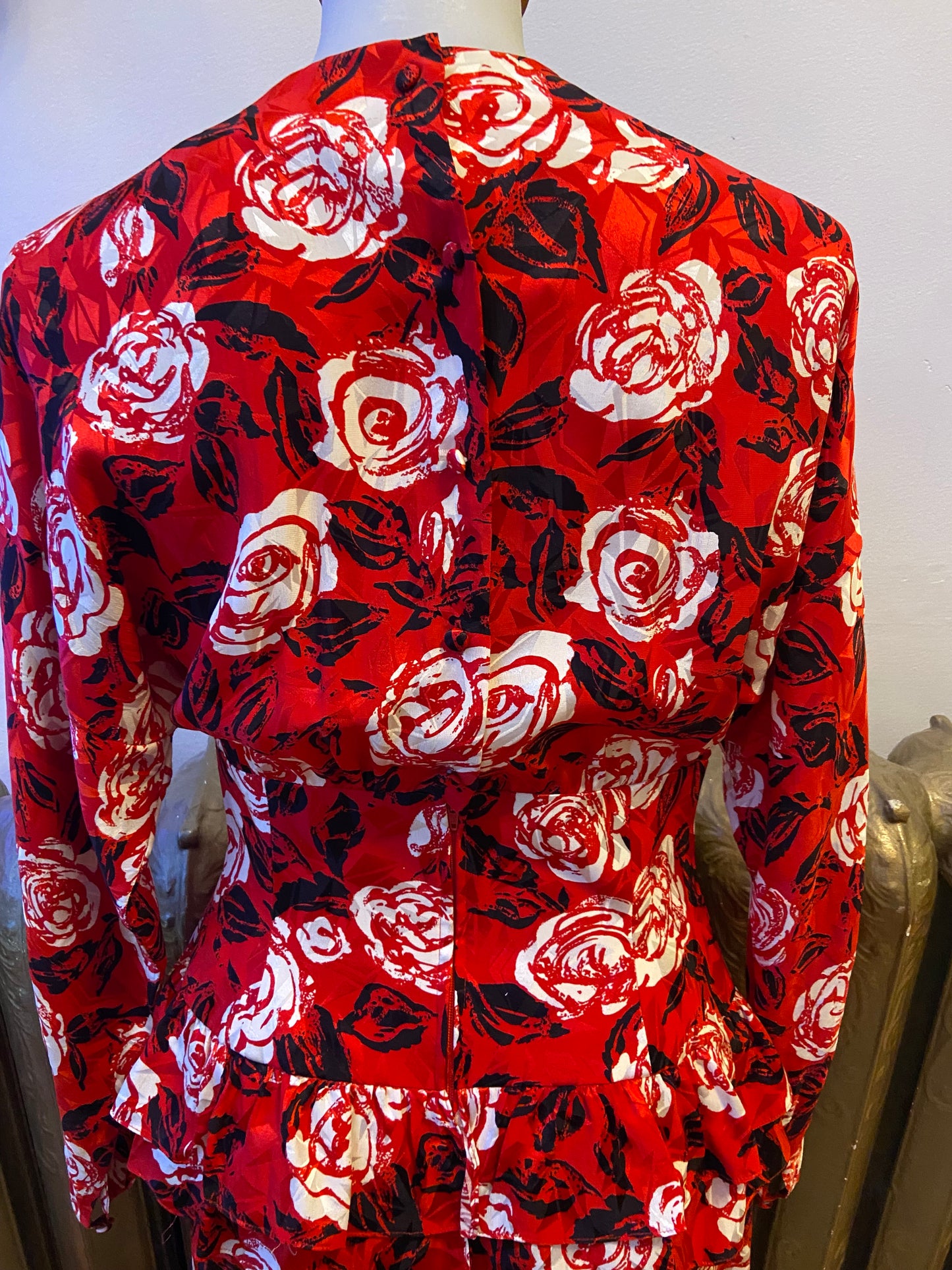 80's Red Silk Rose-Print Dress