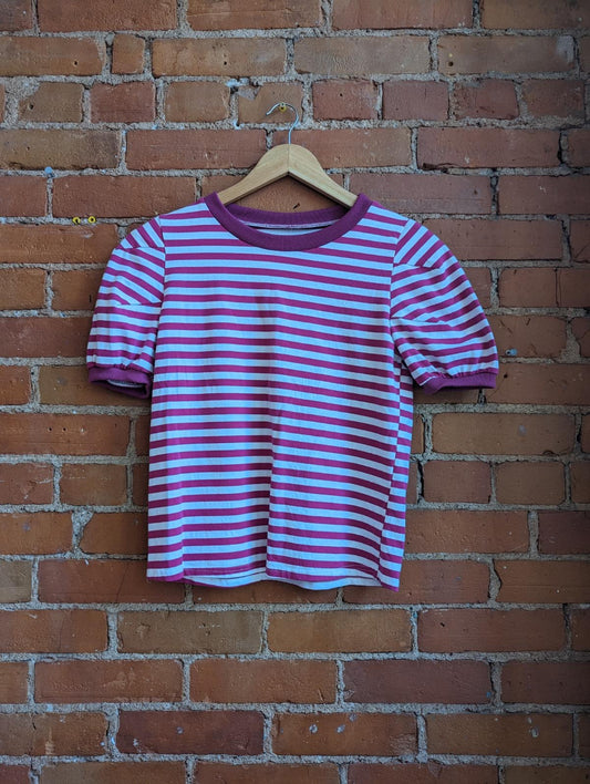 80s Pink & White Striped T-Shirt With Shoulder Pads