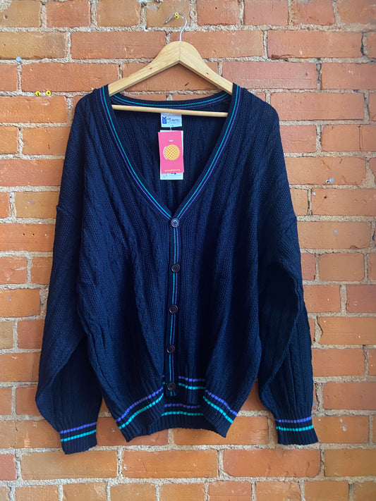 1970s NWT York Uniforms Navy Blue Cardigan With Green and Purple Striped Accents