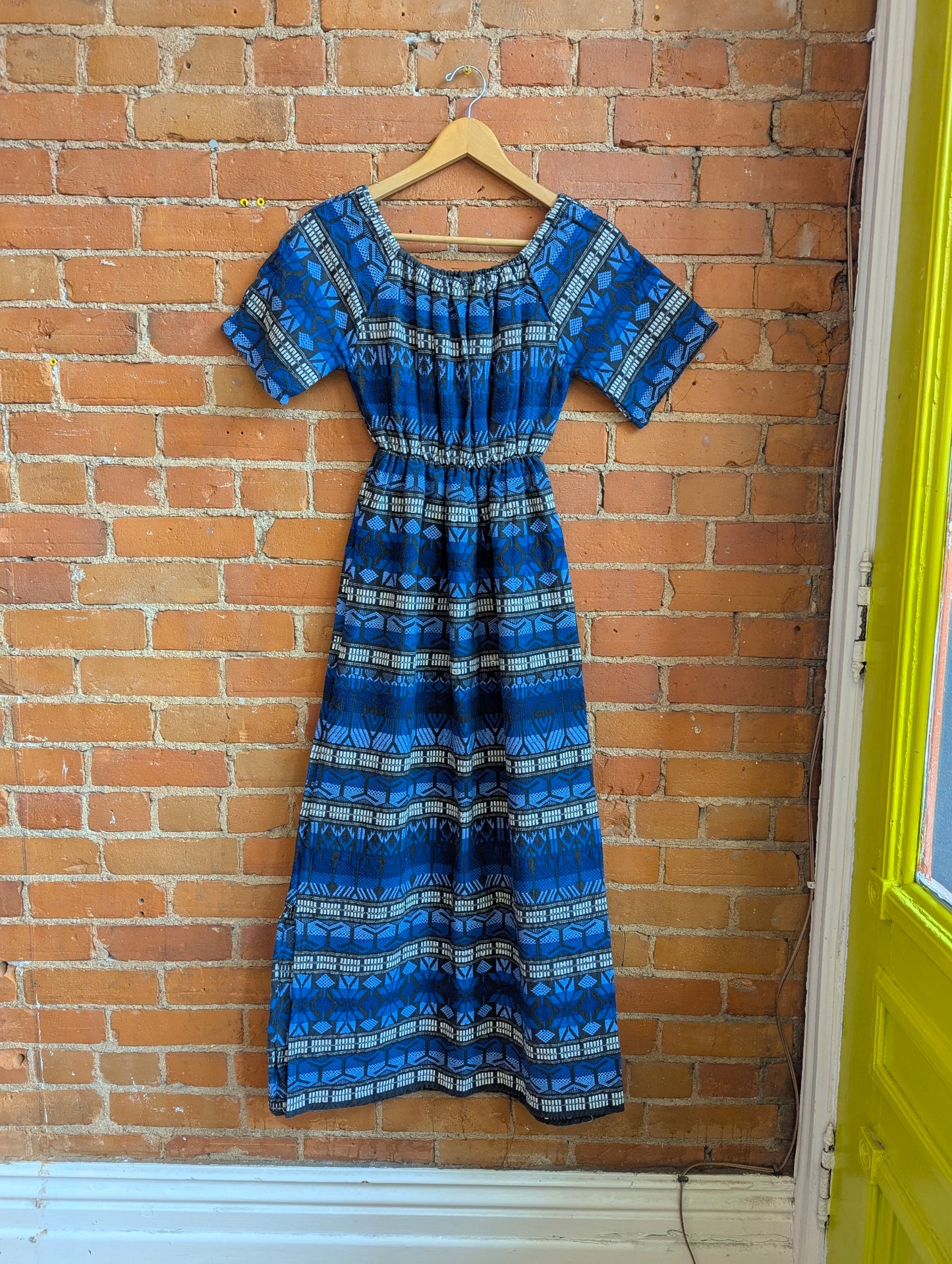 1970s Off the Shoulder Blue, Black and White Woven Dress