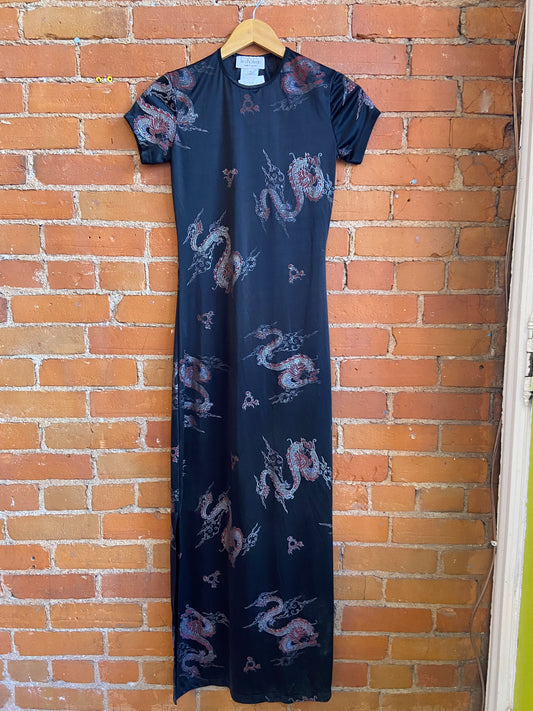 1990s Le Chateau Black Dragon Print Maxi Dress