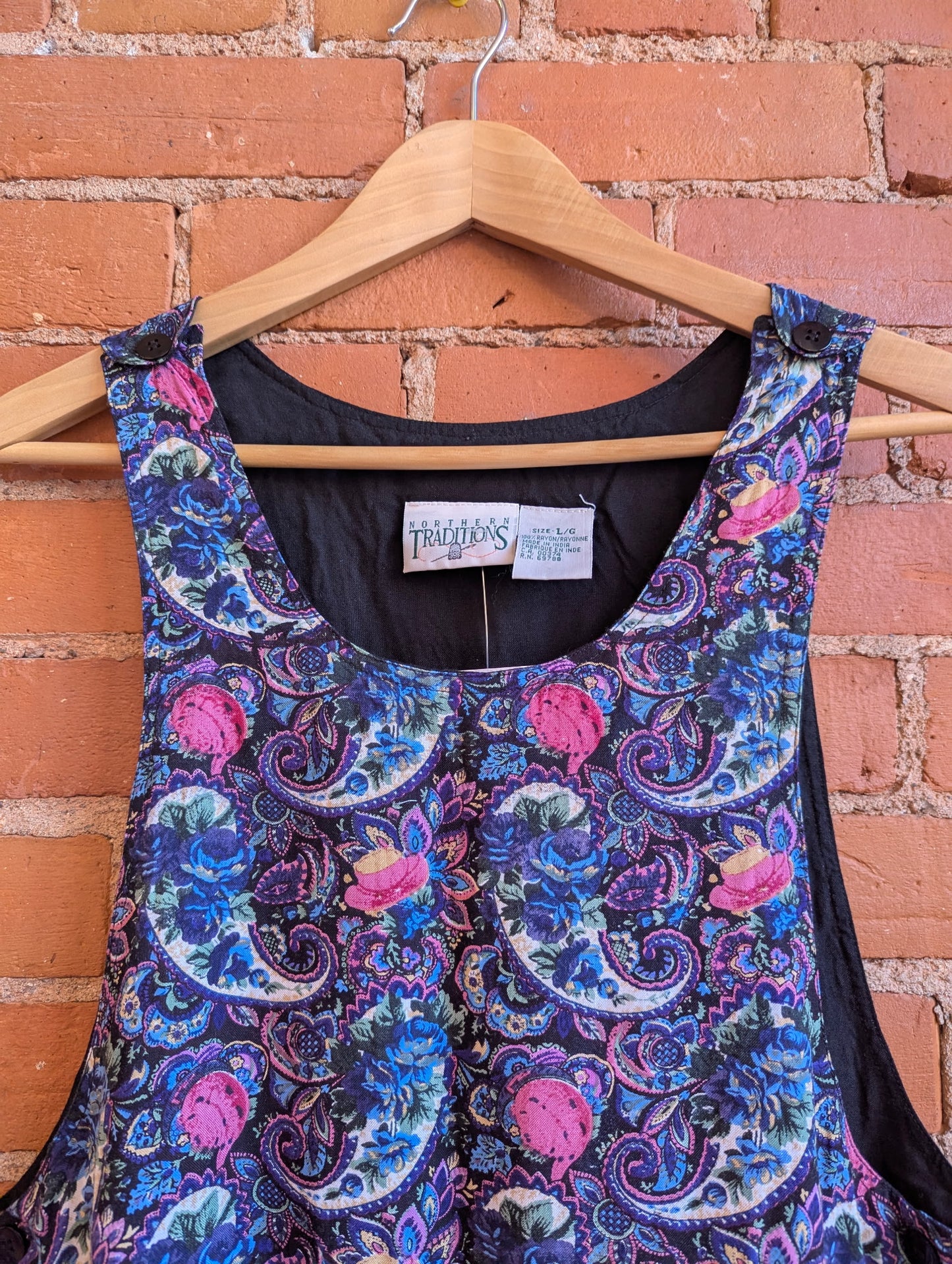 1990s Northern Traditons Pinafore Midi Dress With Floral and Paisley Print