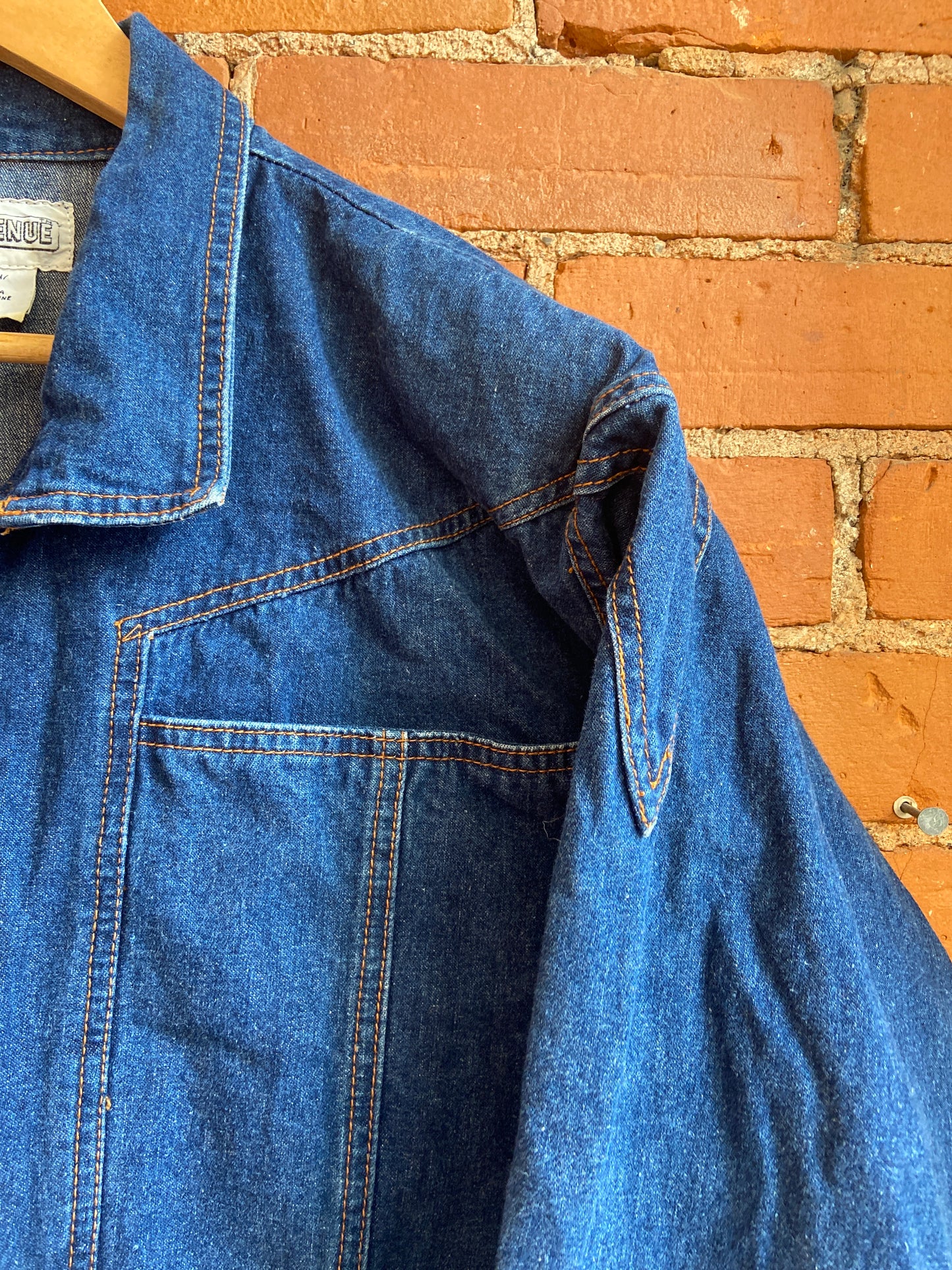 1980s 19th Avenue Dark Wash Snap Front Denim Midi Dress With Shoulder Pads