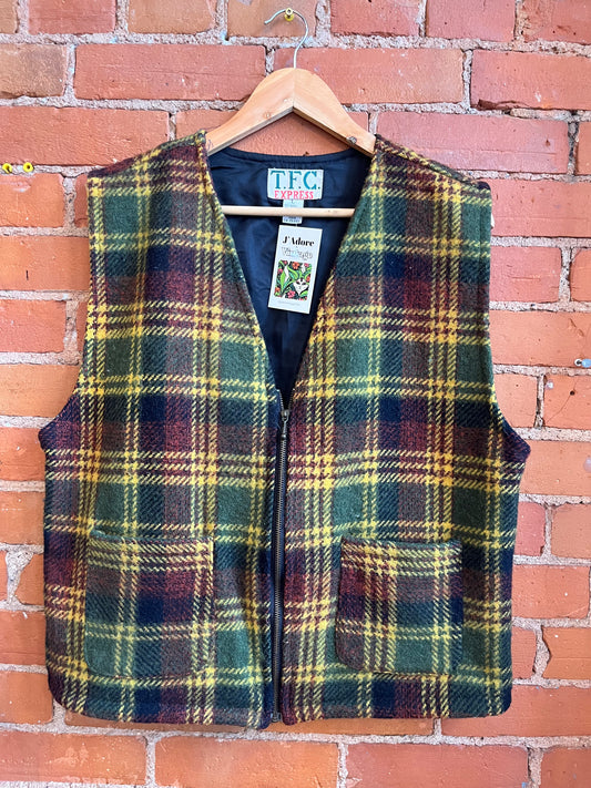 Yellow & Green Zip-Up Wool Plaid Vest