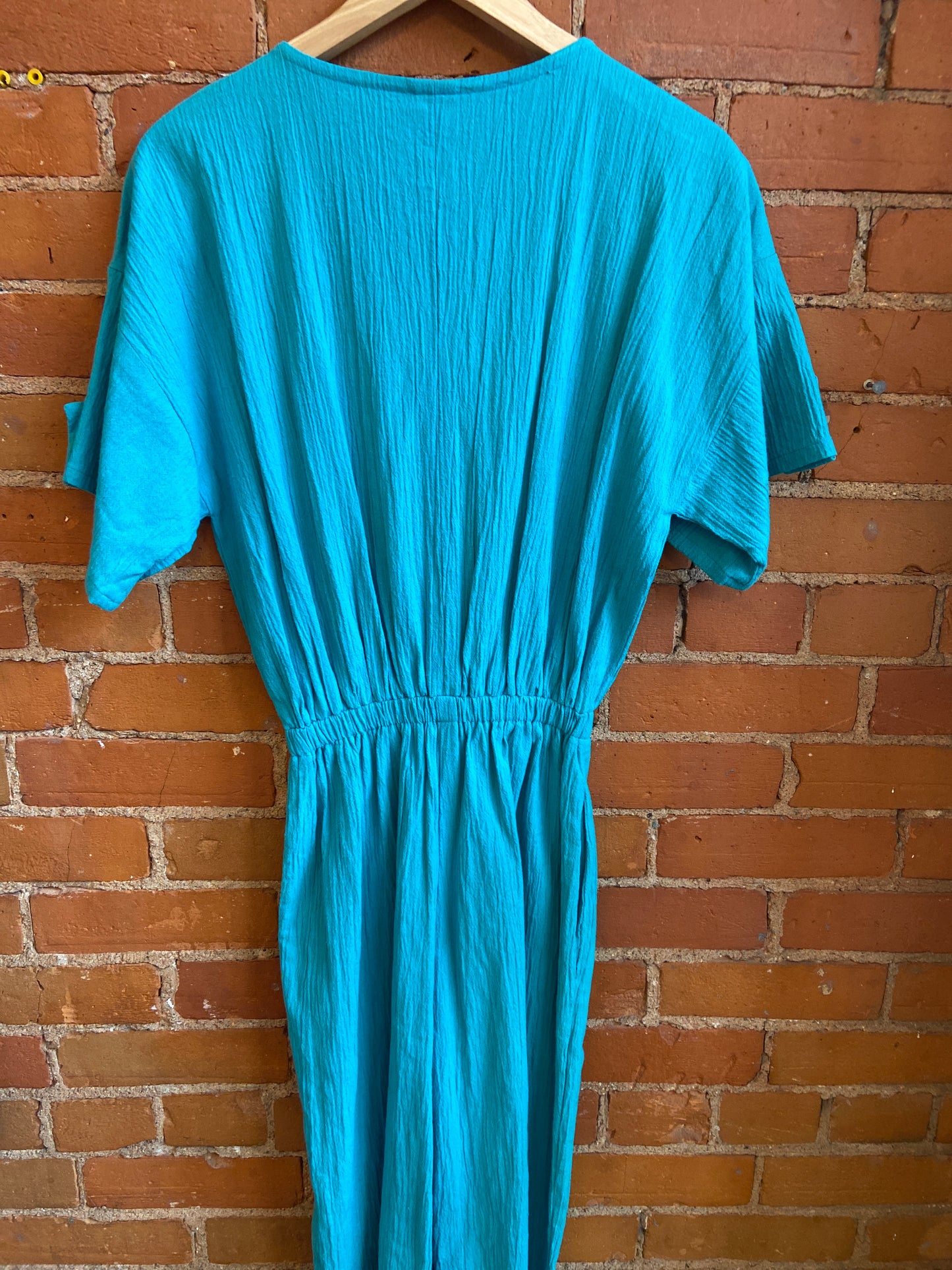 1980s Turquoise Button Front Jumpsuit With Oversize Top and Cropped Legs