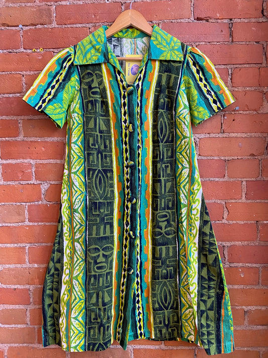 1960s Green Abstract Print Dress