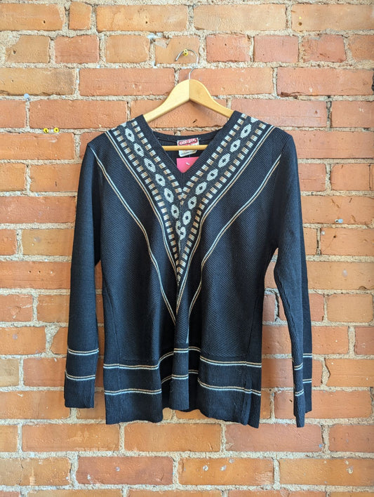 1970s Excelsior Black V-Neck Sweater With Brown and White Details