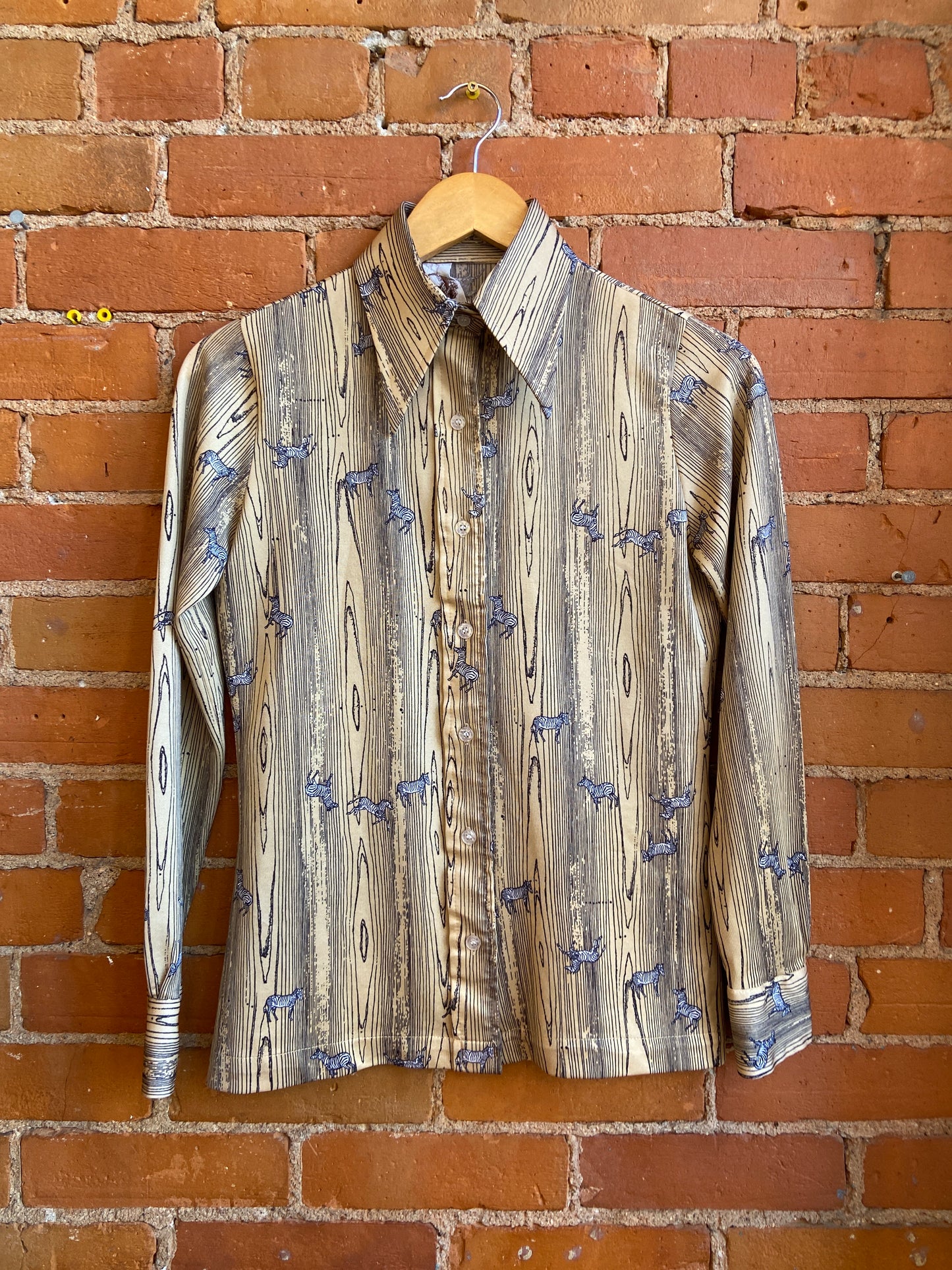 1970s Wayne Taylor Dagger Collar Shirt With Faux Woodgrain and Zebra Print
