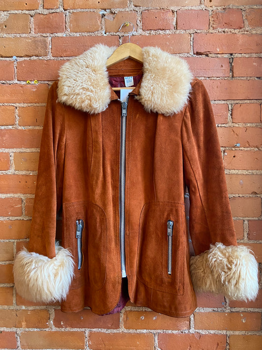 70’s Leather Zip up Jacket with Faux Fur