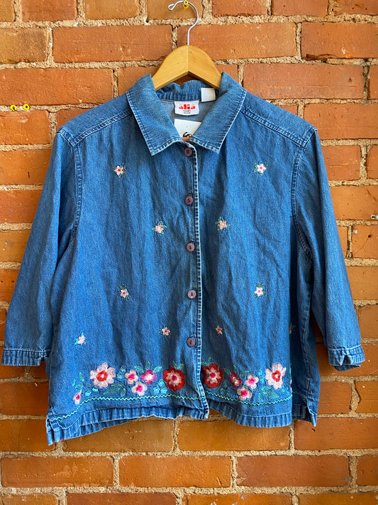 Denim Button up Top with Floral Embroidery
