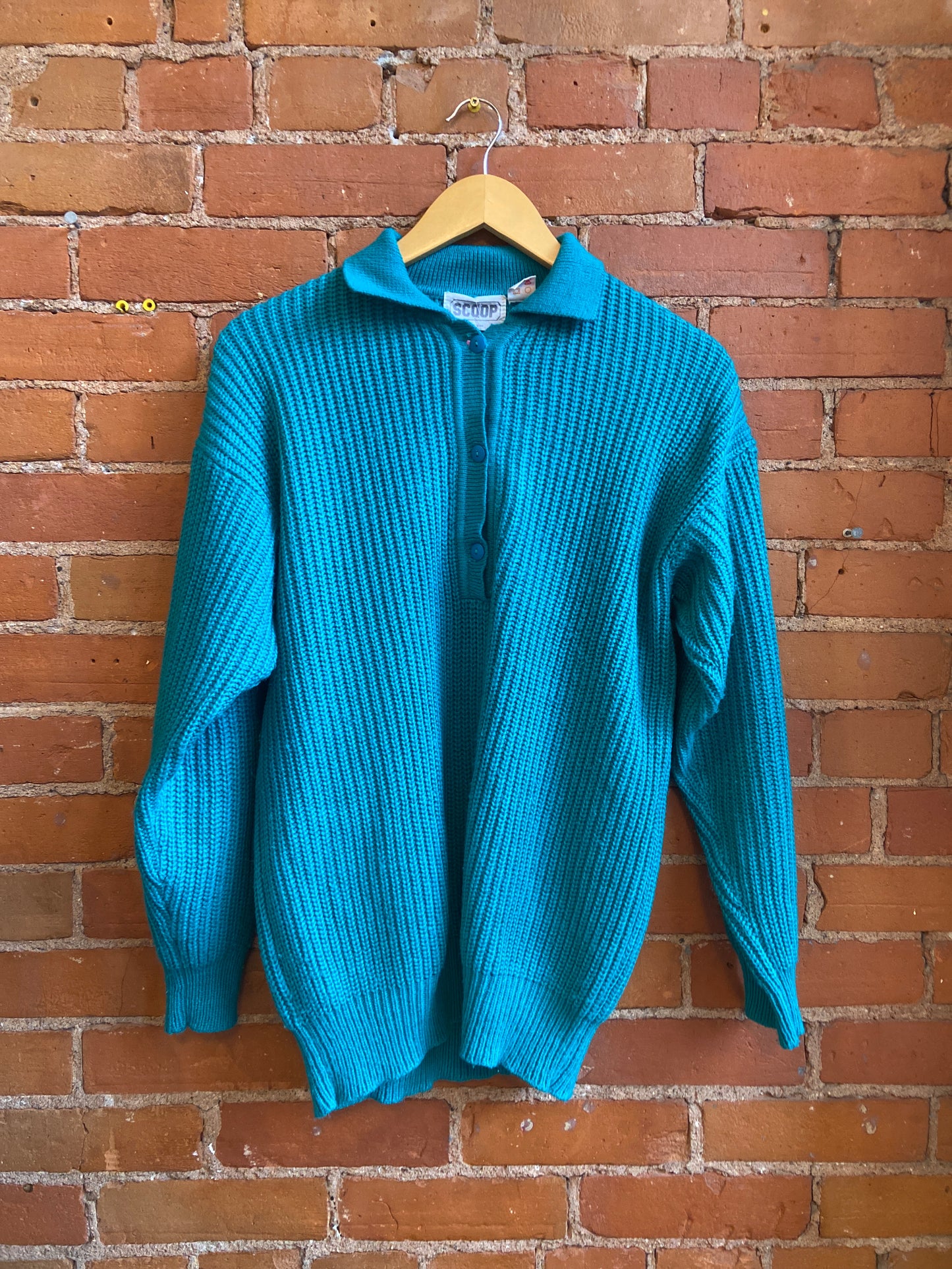 1980s Scoop Teal Green Sweater With Button Neckline